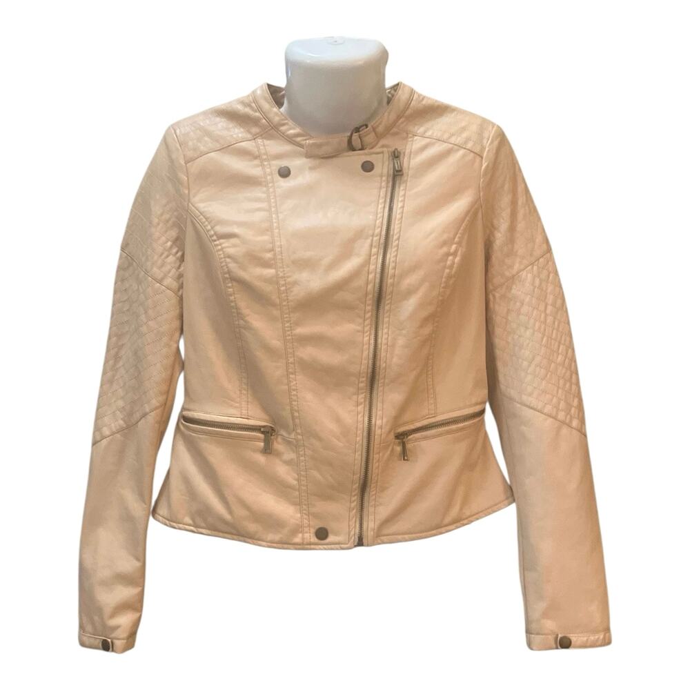 JouJou Women's Beige Faux Leather Full Zip Moto Jacket Zipper Pockets Snaps SZ L
